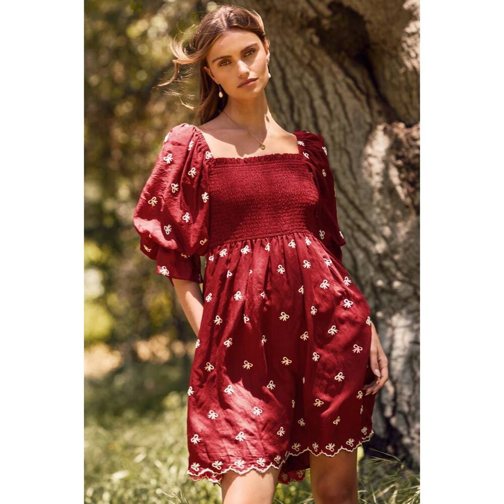 Gorgeous Red Bow Smocked Top Mini Dress, NWT Size Medium